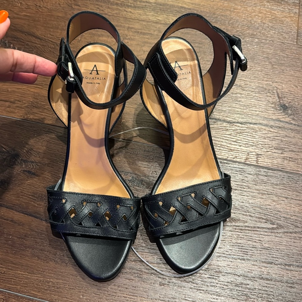 Aquatalia Black Leather Ankle-Strap Sandals